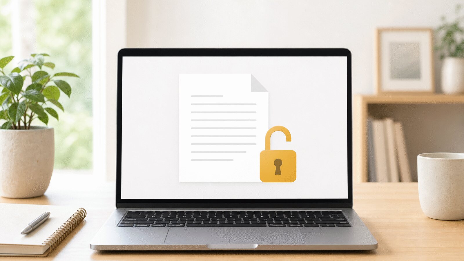 Notebook na pracovnom stole, na obrazovke je dokument s otvoreným visiacim zámkom