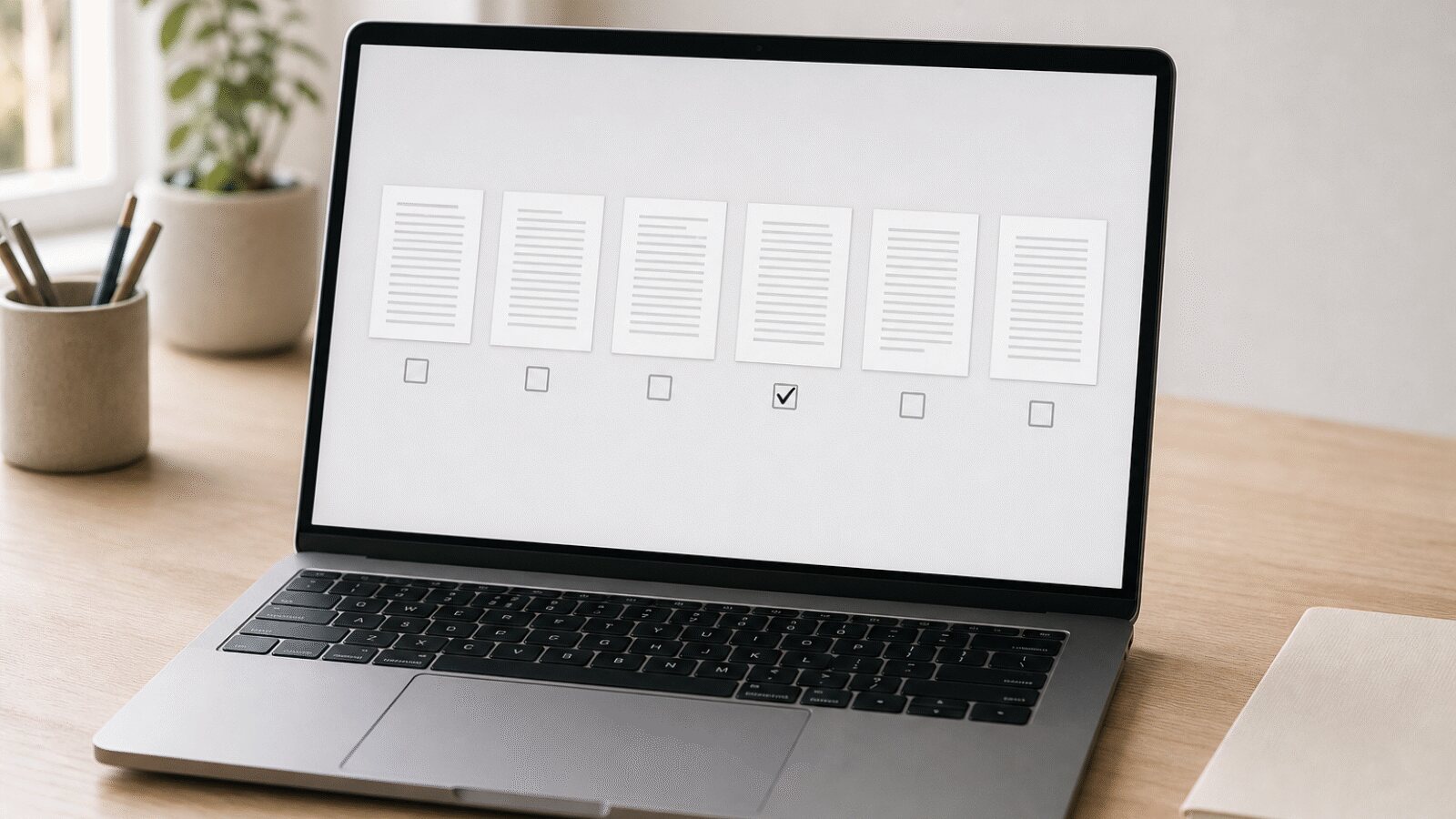 Notebook na pracovnom stole, na obrazovke rad náhľadov strán dokumentu a pri jednom z nich zaškrtnuté políčko