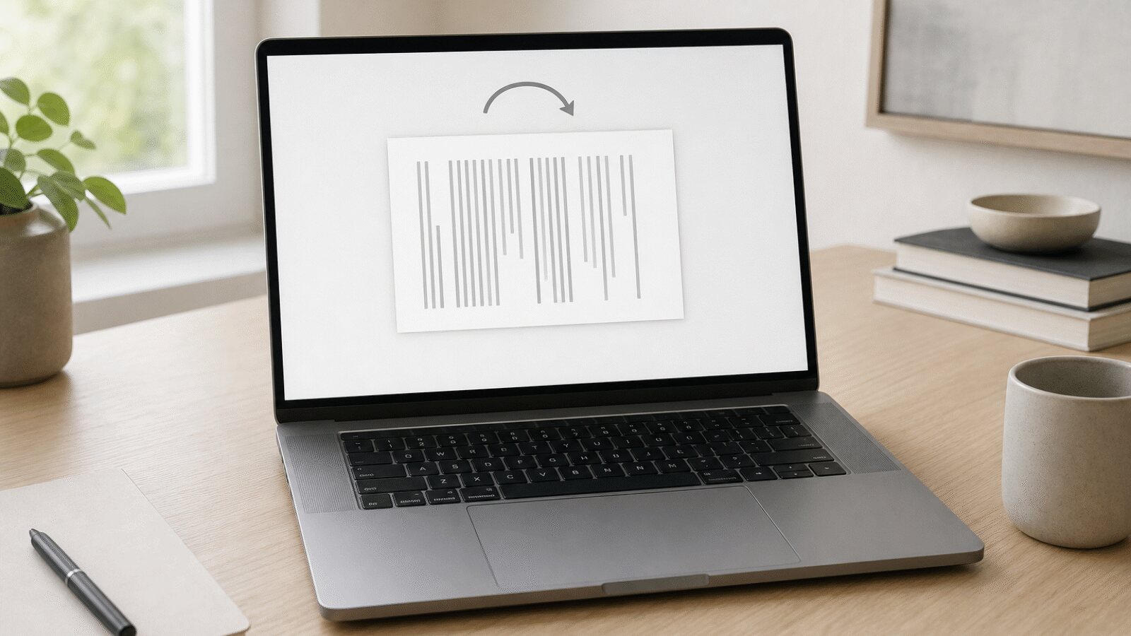 Notebook na pracovnom stole, na obrazovke je naskenovaná strana otočená naležato a nad ňou je zakrivená šípka otočenia